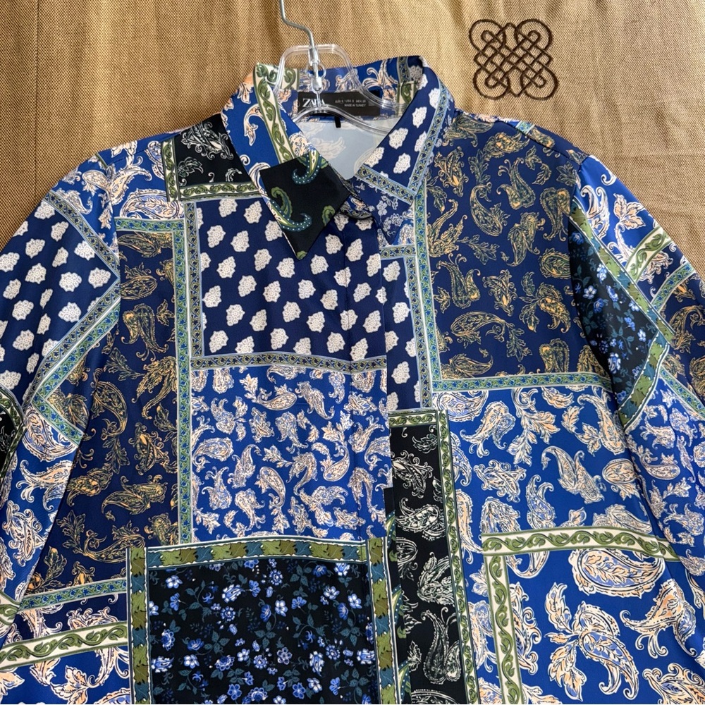 Zara Patchwork Print Satin Effect Long Sleeve But… - image 6